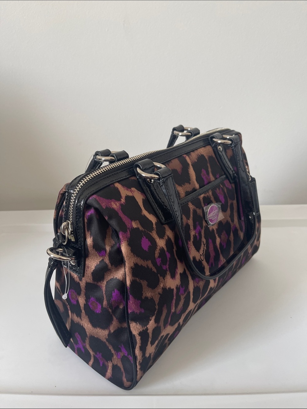 Coach Black and Purple Leopard Print Satchel - Picture 3 of 6